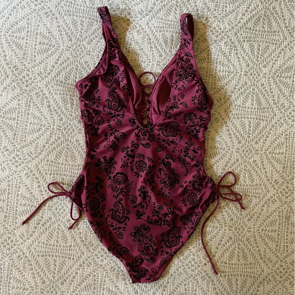 Chic Maroon Floral One-Piece Swimsuit - Picture 3 of 7